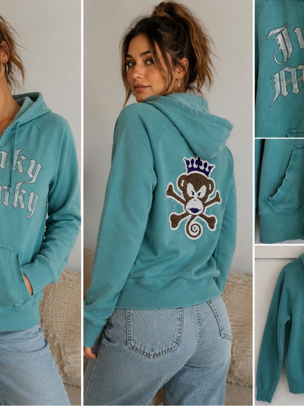 Junky Munky Y2K Teal Half Zip Hoodie Medium Gothic Monkey Skull Streetwear